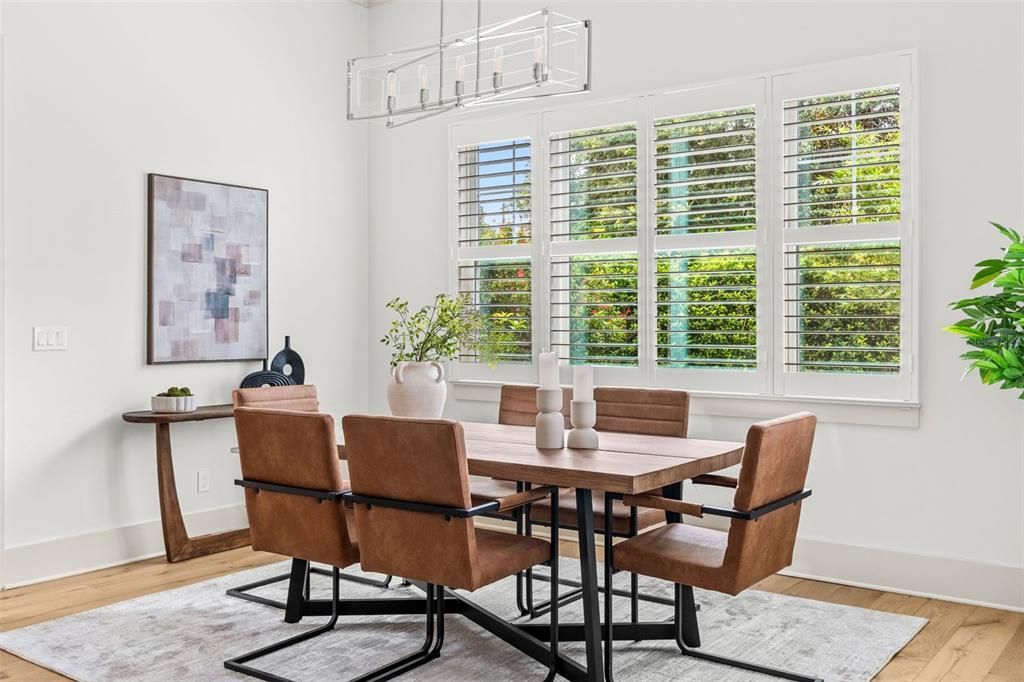 Dining room, Interior, Pendant Lights, Wood Texture Flooring