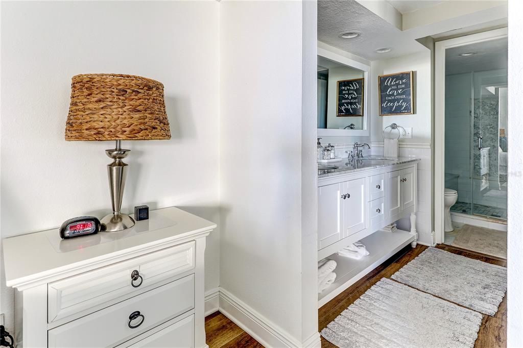 Bathroom, Glass Shower, Interior, Recessed Lighting, Wood Texture Flooring