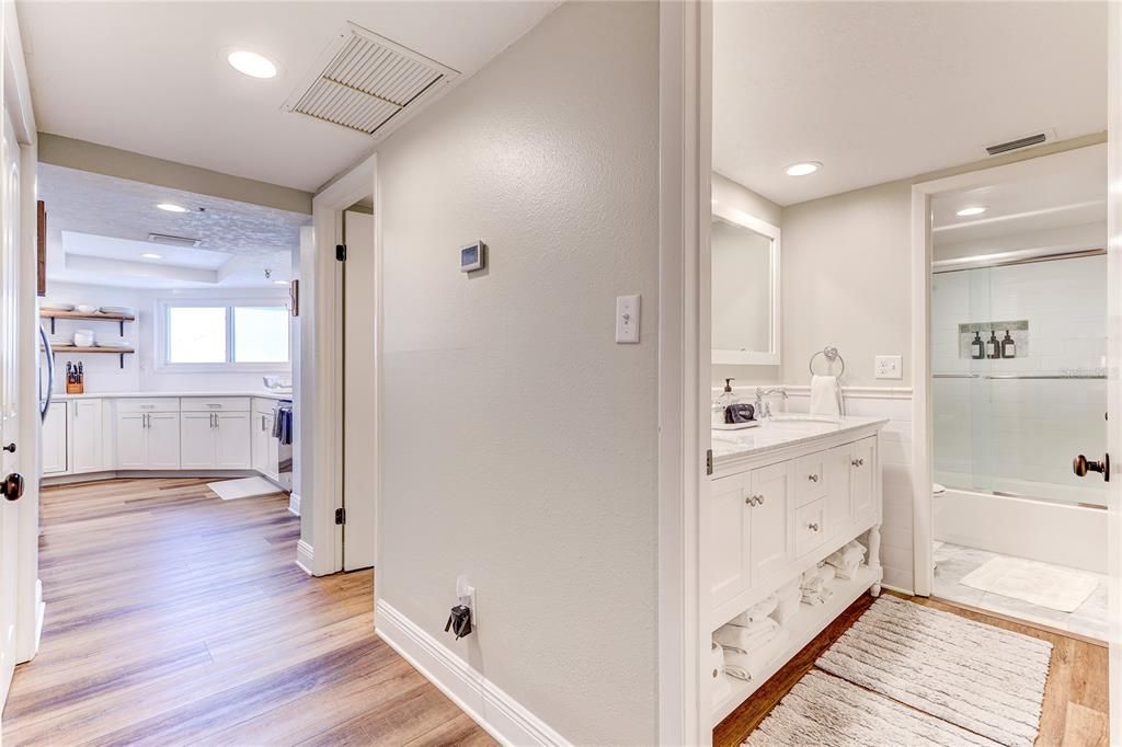 Bathroom, Interior, Recessed Lighting, Wood Texture Flooring