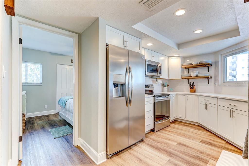 Interior, Kitchen, Recessed Lighting, Stainless Steel Appliances, Wood Texture Flooring