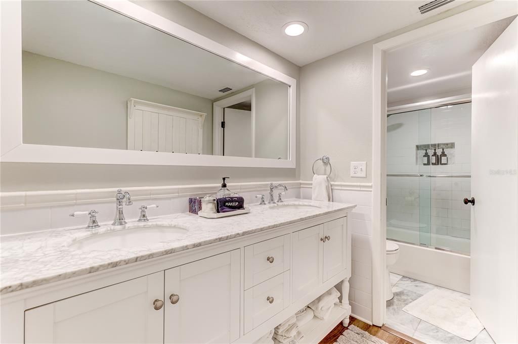 Bathroom, Dual Sink Vanities, Glass Shower, Interior, Recessed Lighting