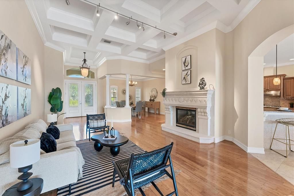 Fireplace, Interior, Living room, Pendant Lights, Recessed Lighting, Wood Texture Flooring