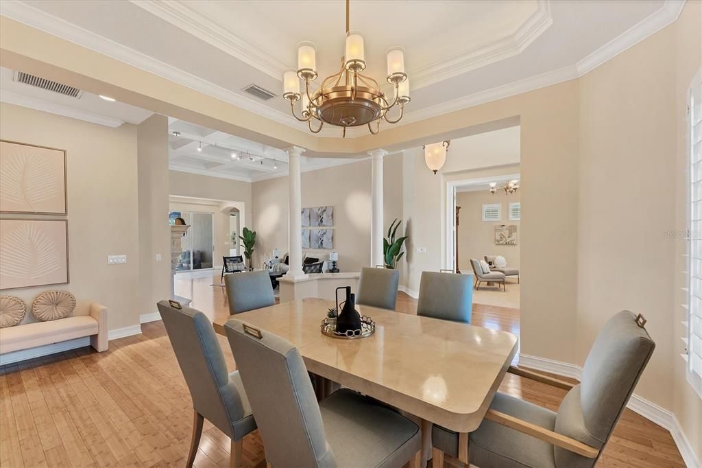 Chandelier, Dining room, Interior, Wood Texture Flooring