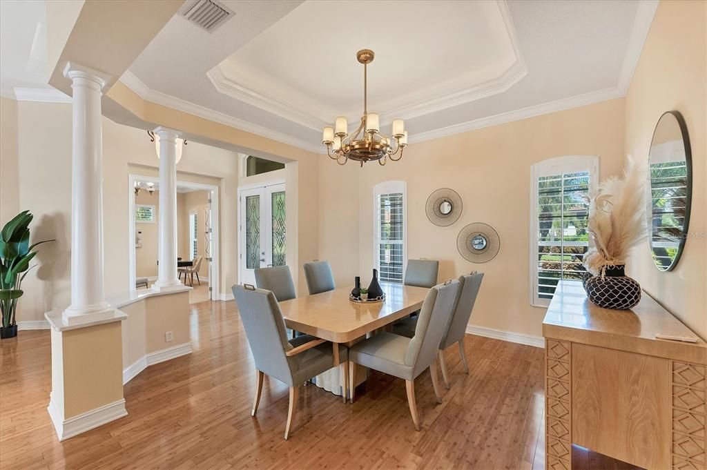 Chandelier, Dining room, Interior, Wood Texture Flooring