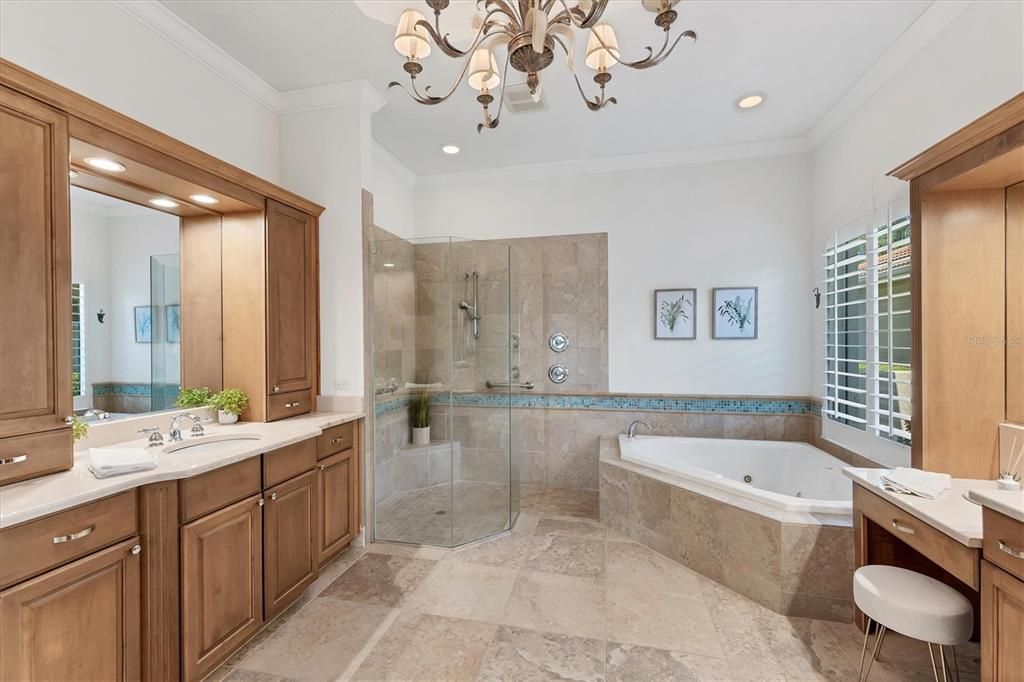 Bathroom, Chandelier, Glass Shower, Interior, Recessed Lighting