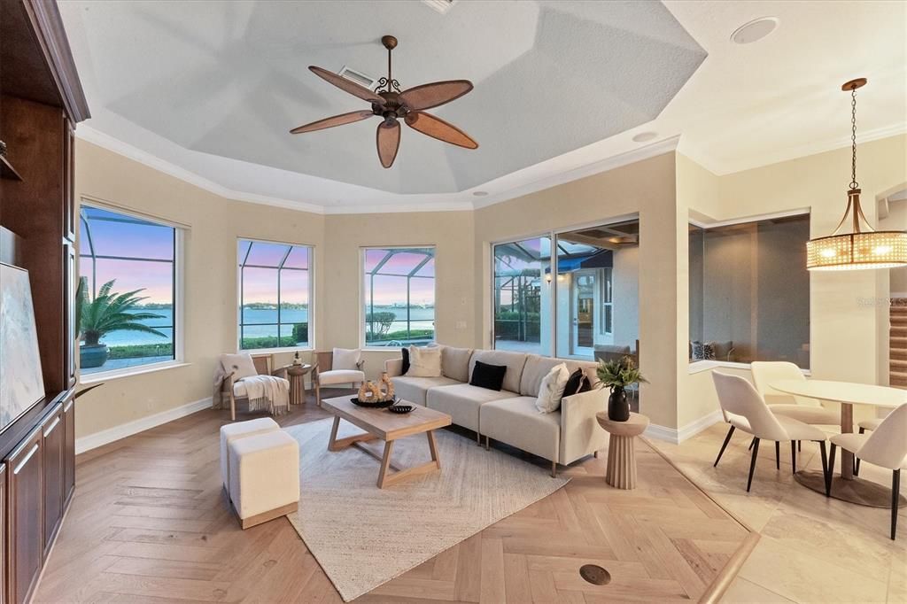 Dining room, Interior, Living room, Pendant Lights, Water, Wood Texture Flooring
