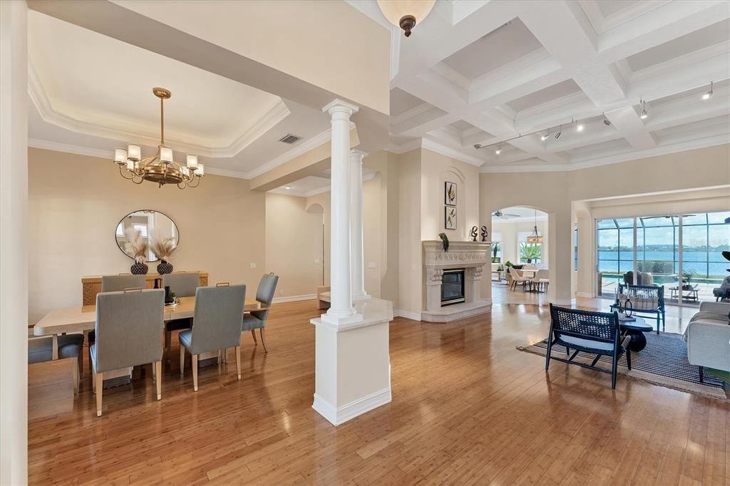Chandelier, Dining room, Fireplace, Interior, Recessed Lighting, Water, Wood Texture Flooring
