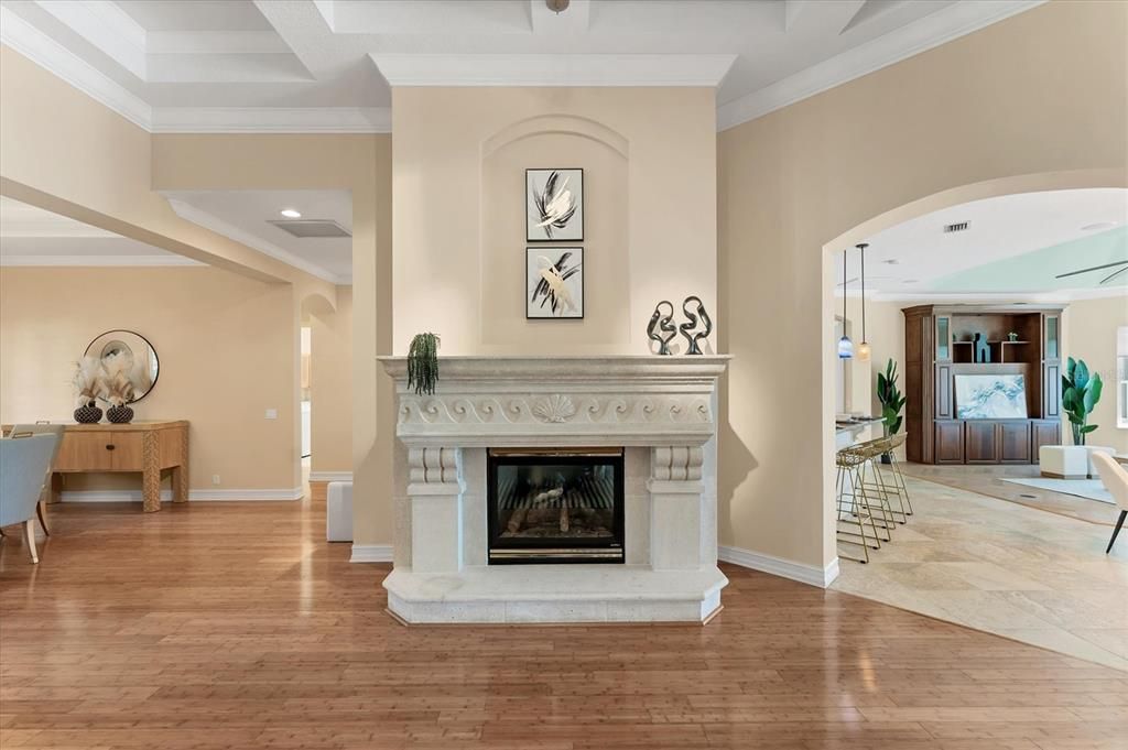 Fireplace, Interior, Pendant Lights, Recessed Lighting, Wood Texture Flooring
