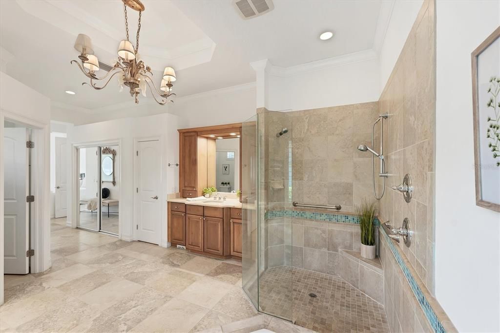 Bathroom, Chandelier, Glass Shower, Interior, Recessed Lighting