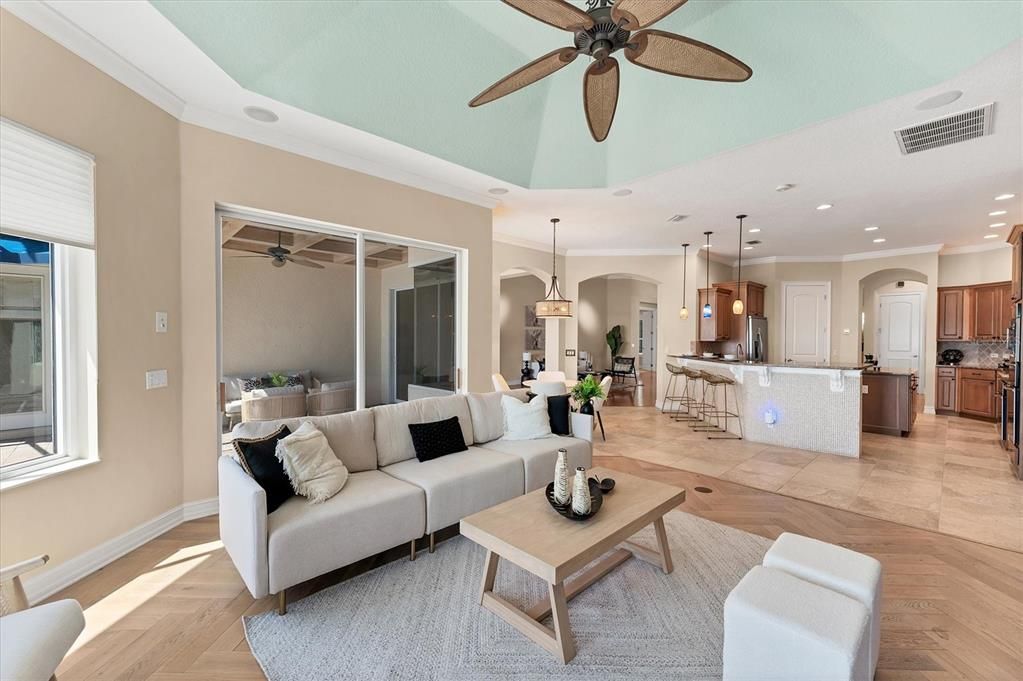 Interior, Kitchen, Living room, Pendant Lights, Recessed Lighting, Wood Texture Flooring