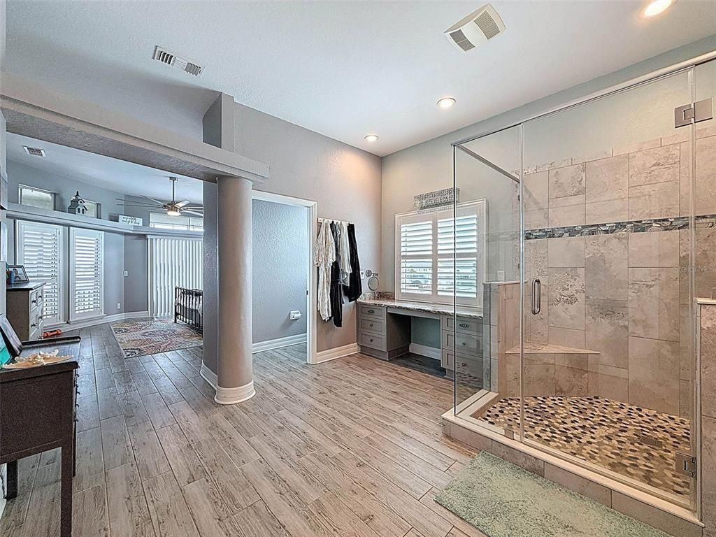 Bathroom, Glass Shower, Interior, Recessed Lighting, Wood Texture Flooring