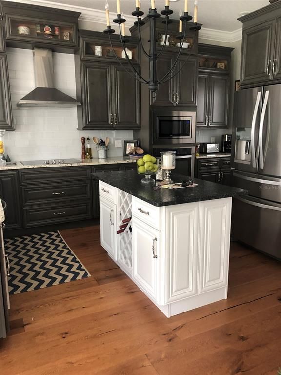 Chandelier, Interior, Kitchen, Stainless Steel Appliances, Wood Texture Flooring