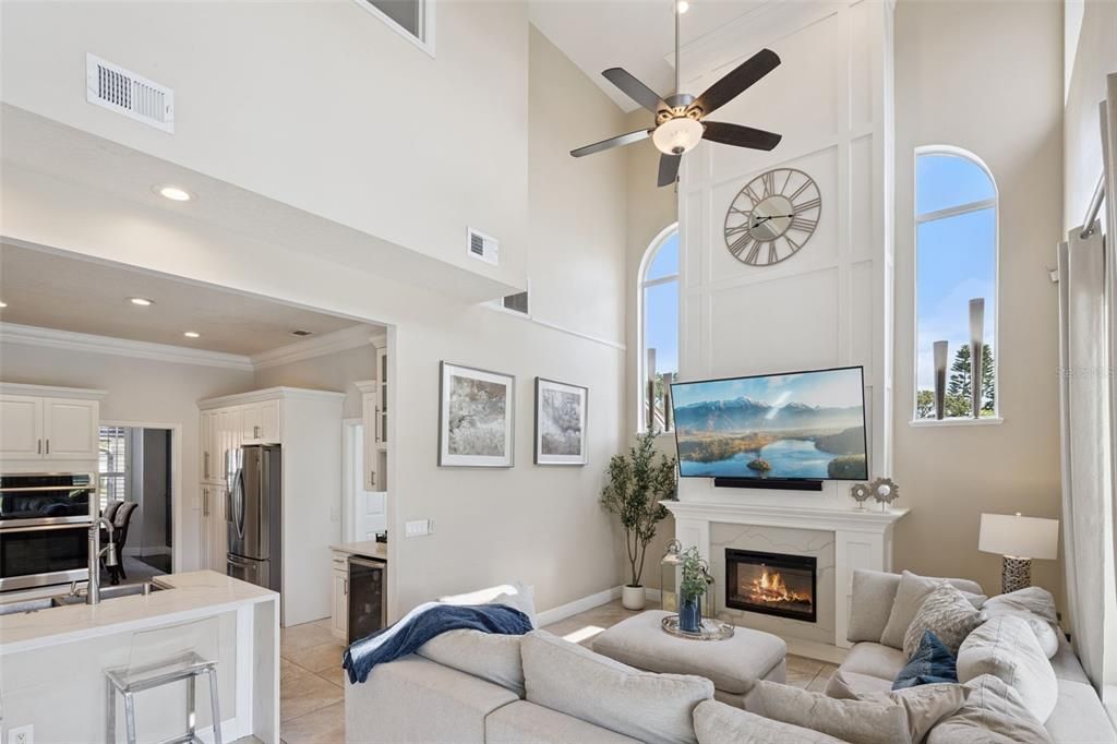 Fireplace, Interior, Kitchen, Living room, Recessed Lighting, Stainless Steel Appliances