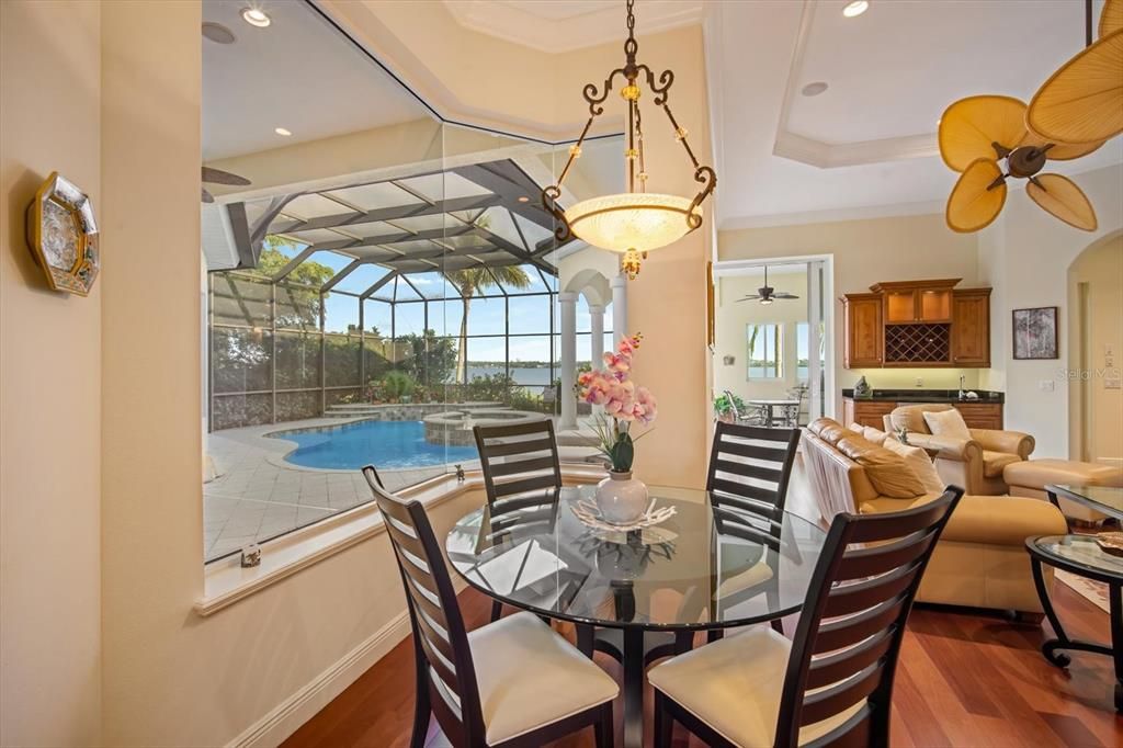 Dining room, Glass Ceilings, Interior, Kitchen, Living room, Pendant Lights, Pool, Recessed Lighting, Sun Room, Wood Texture Flooring