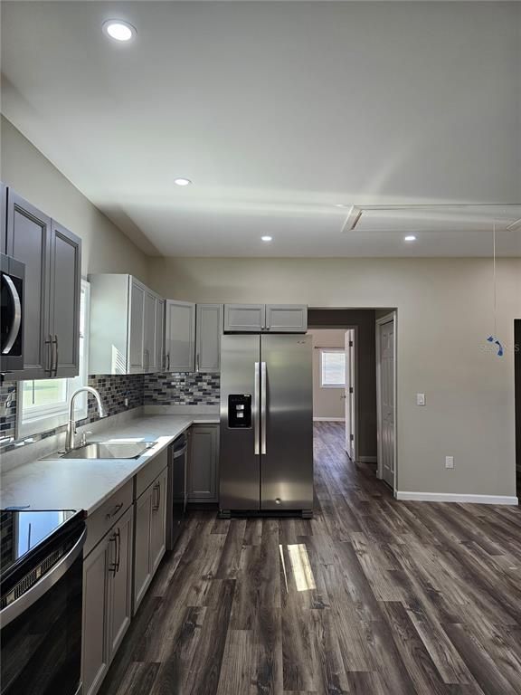 Interior, Kitchen, Recessed Lighting, Stainless Steel Appliances, Wood Texture Flooring