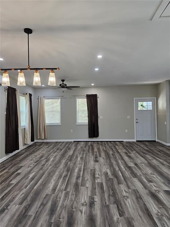 Empty room, Interior, Pendant Lights, Recessed Lighting, Wood Texture Flooring