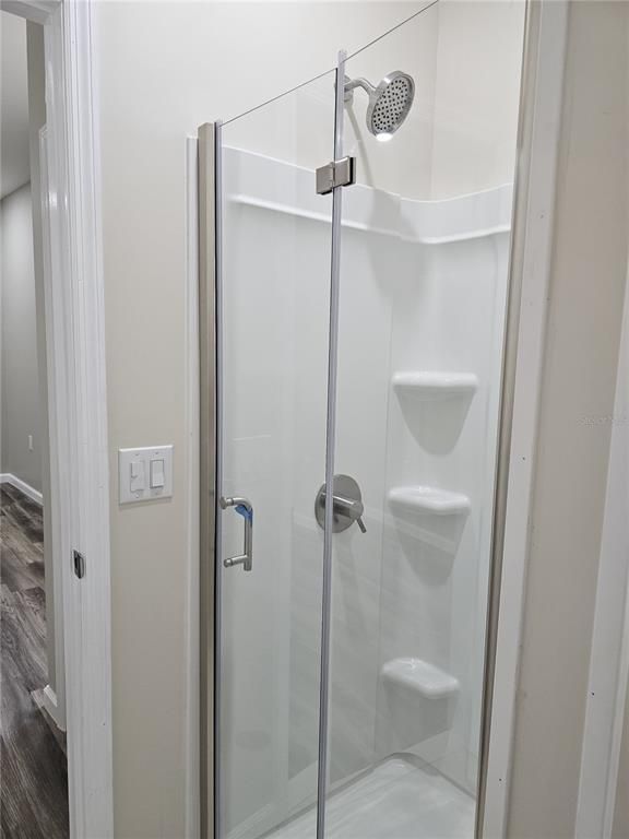 Bathroom, Glass Shower, Interior, Wood Texture Flooring