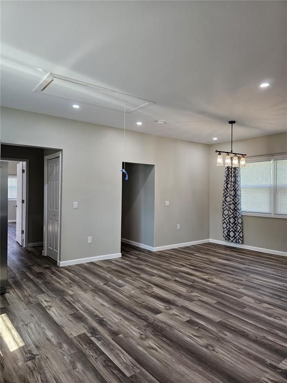 Empty room, Interior, Pendant Lights, Recessed Lighting, Wood Texture Flooring