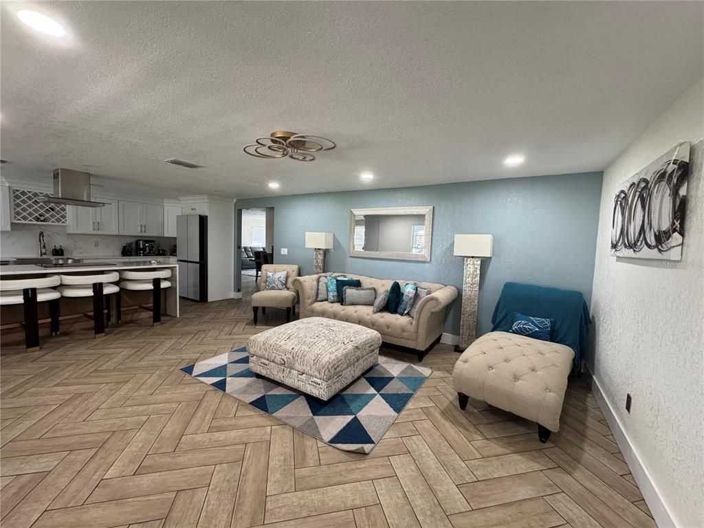 Interior, Kitchen, Living room, Recessed Lighting, Stainless Steel Appliances, Wood Texture Flooring