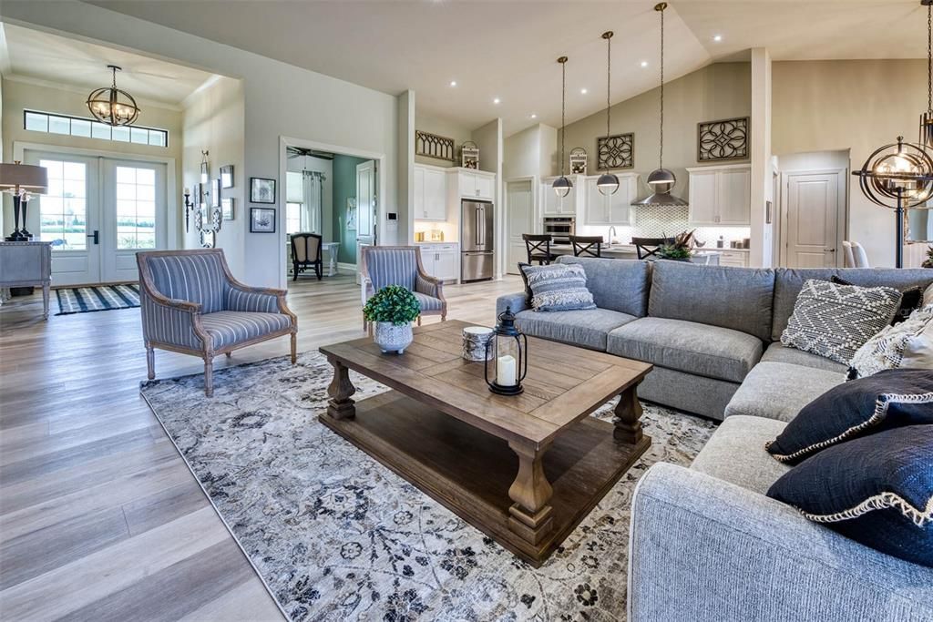 Chandelier, Dining room, Interior, Kitchen, Living room, Pendant Lights, Recessed Lighting, Wood Texture Flooring