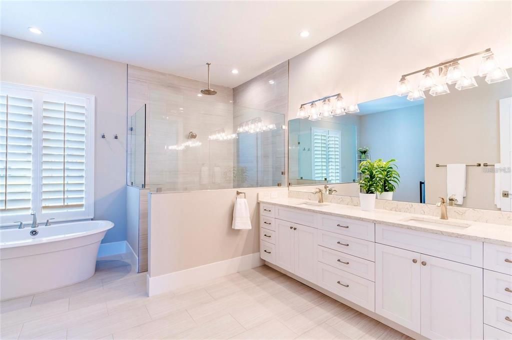 Bathroom, Dual Sink Vanities, Free Standing Baths, Glass Shower, Interior, Recessed Lighting