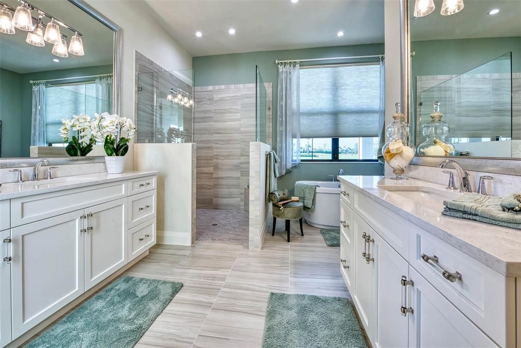 Bathroom, Dual Sink Vanities, Glass Shower, Interior, Recessed Lighting
