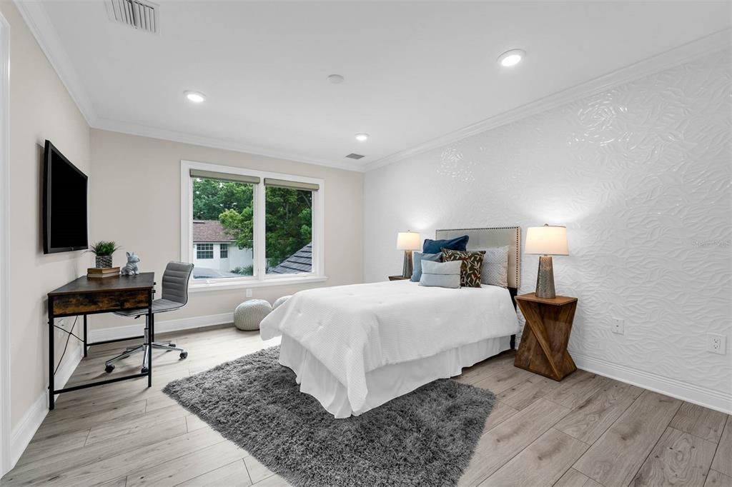 Bedroom, Interior, Recessed Lighting, Wood Texture Flooring