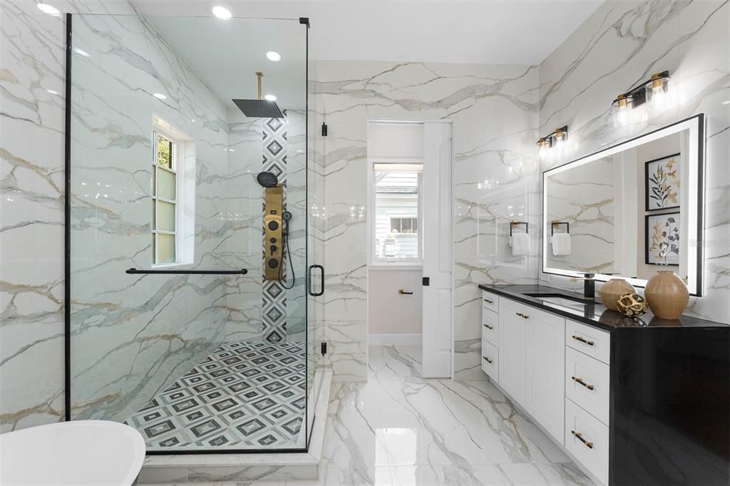 Bathroom, Glass Shower, Interior, Marble, Marble Walls, Recessed Lighting