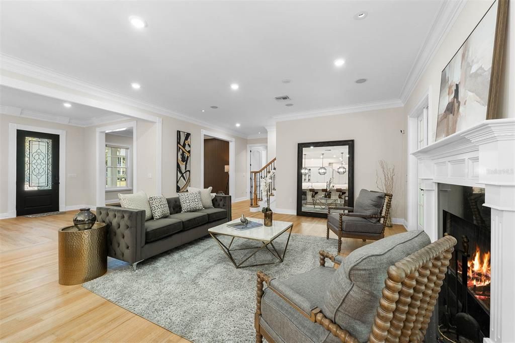 Fireplace, Interior, Living room, Recessed Lighting, Wood Texture Flooring