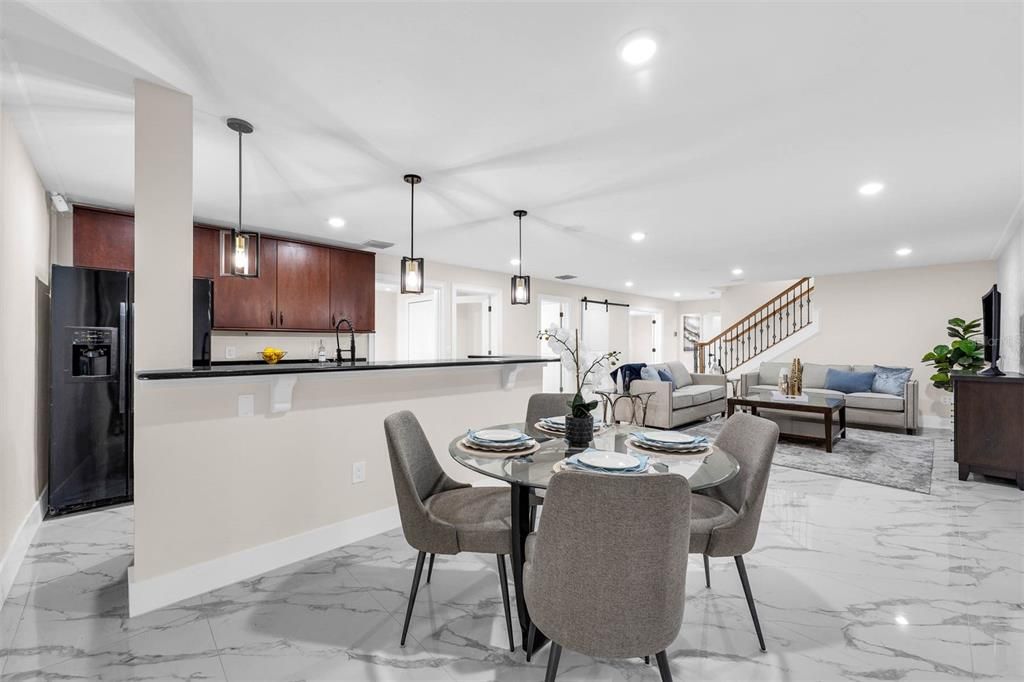 Dining room, Interior, Kitchen, Living room, Marble, Pendant Lights, Recessed Lighting