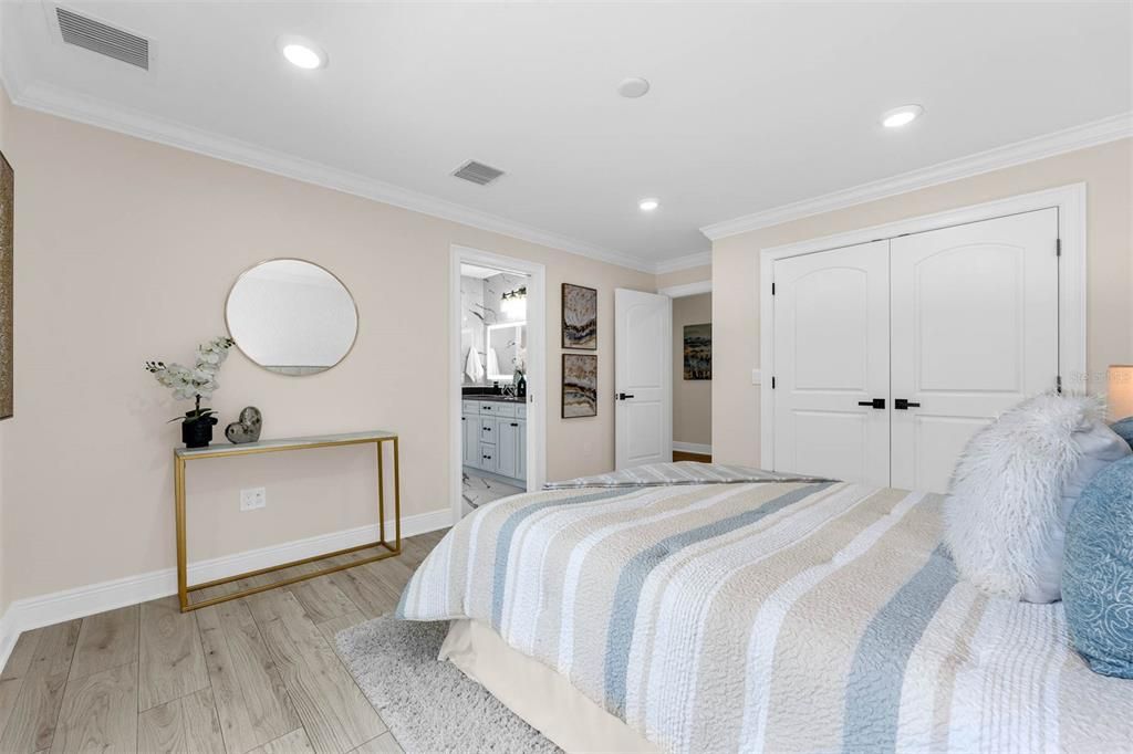 Bedroom, Interior, Recessed Lighting, Wood Texture Flooring