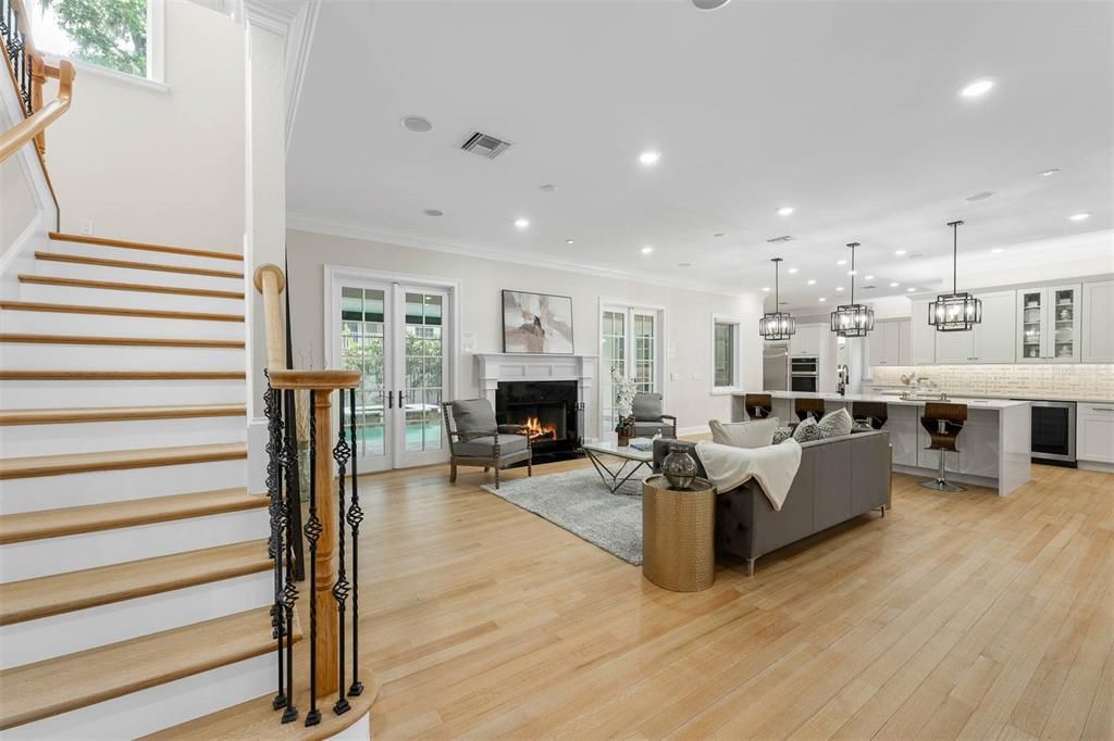 Fireplace, Interior, Kitchen, Living room, Pendant Lights, Recessed Lighting, Wood Texture Flooring