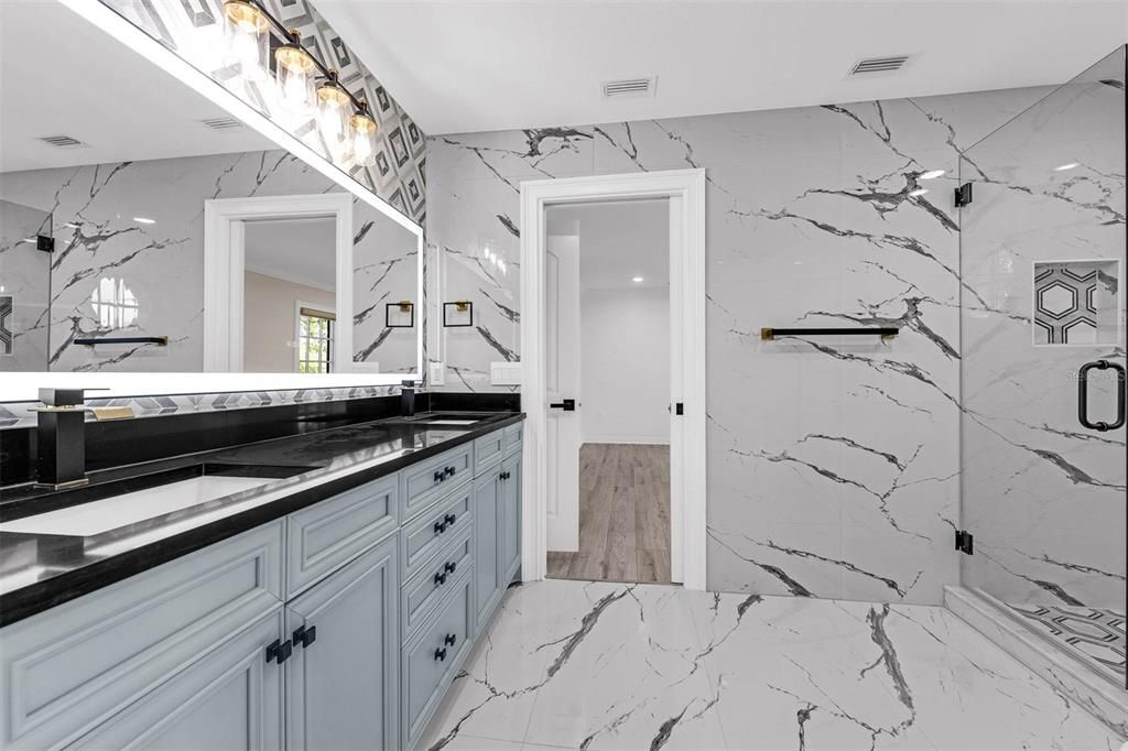 Bathroom, Dual Sink Vanities, Interior, Marble, Marble Walls