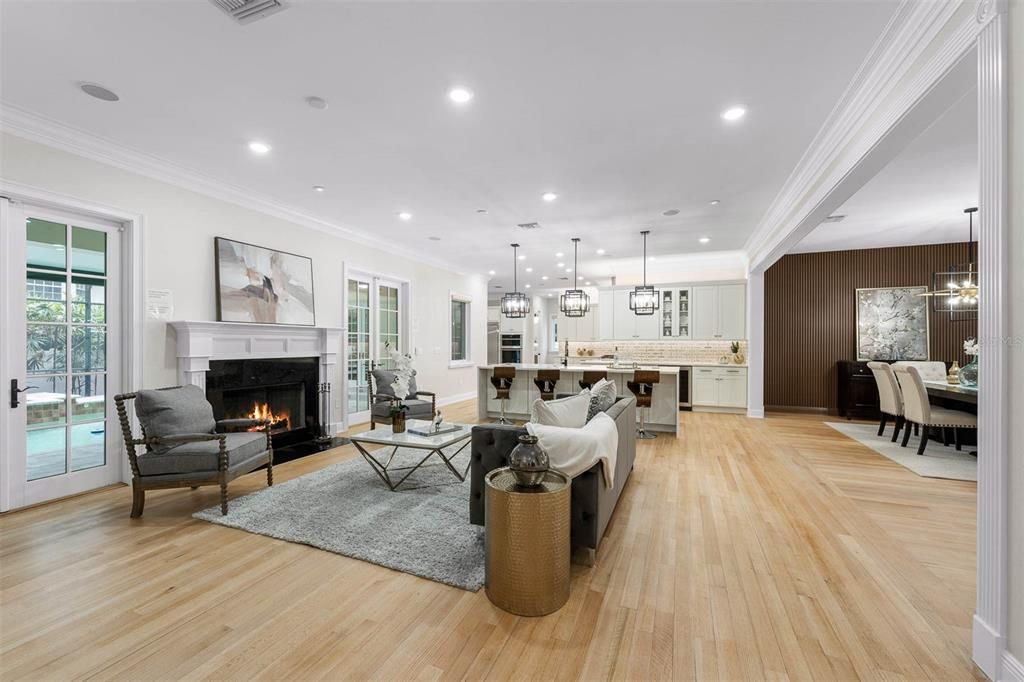Dining room, Fireplace, Interior, Kitchen, Living room, Pendant Lights, Recessed Lighting, Wood Texture Flooring
