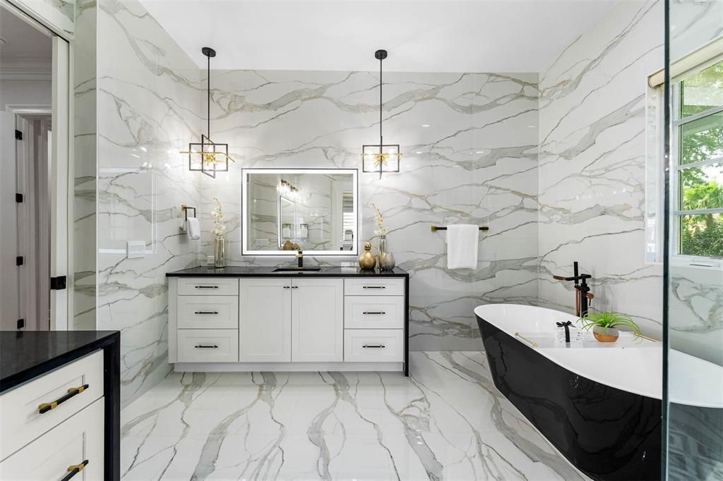 Bathroom, Free Standing Baths, Interior, Marble, Marble Walls, Pendant Lights