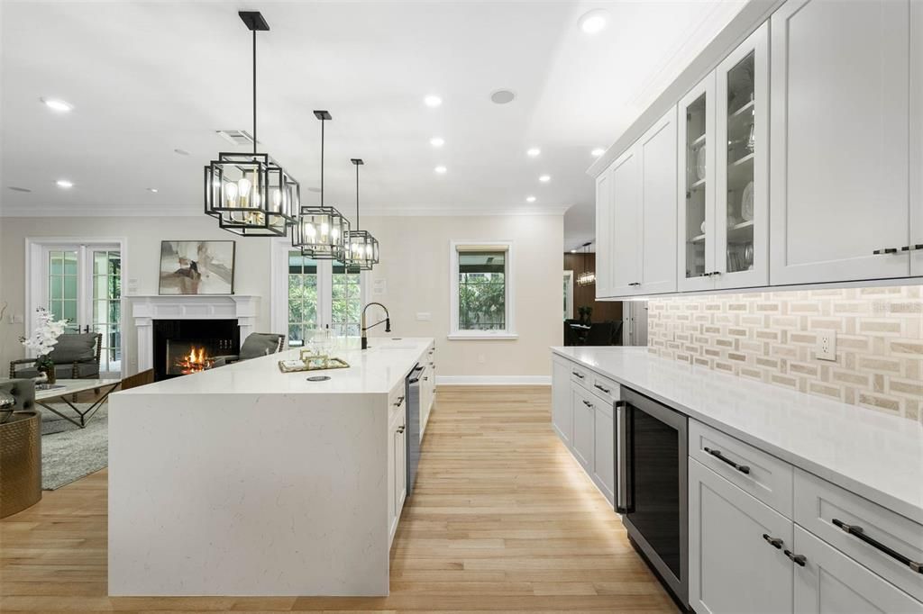 Fireplace, Interior, Kitchen, Living room, Pendant Lights, Recessed Lighting, Wood Texture Flooring