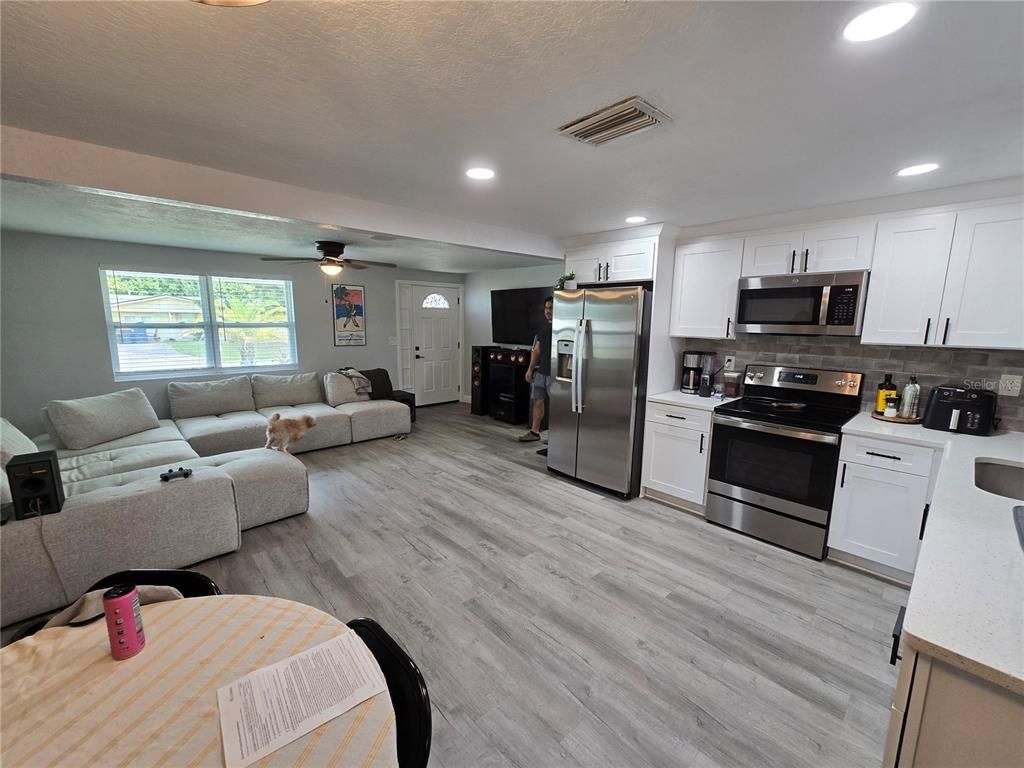 Interior, Kitchen, Living room, Recessed Lighting, Stainless Steel Appliances, Wood Texture Flooring