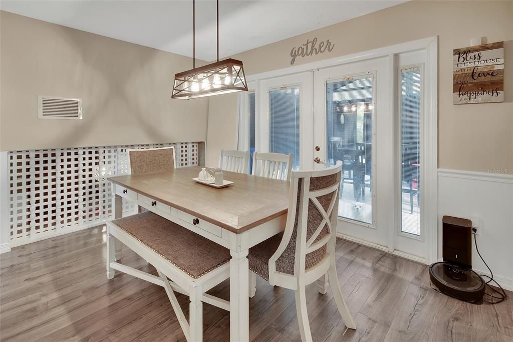 Dining room, Interior, Pendant Lights, Wood Texture Flooring