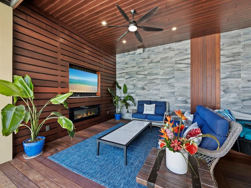 Fireplace, Interior, Living room, Recessed Lighting, Stone Walls, Wooden Ceilings, Wood Texture Flooring, Wooden Walls