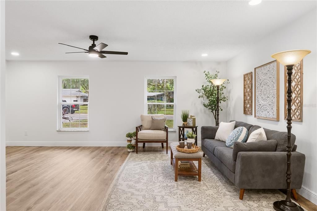 Interior, Living room, Recessed Lighting, Wood Texture Flooring
