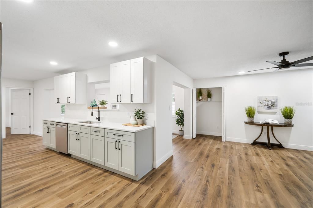 Interior, Kitchen, Recessed Lighting, Wood Texture Flooring