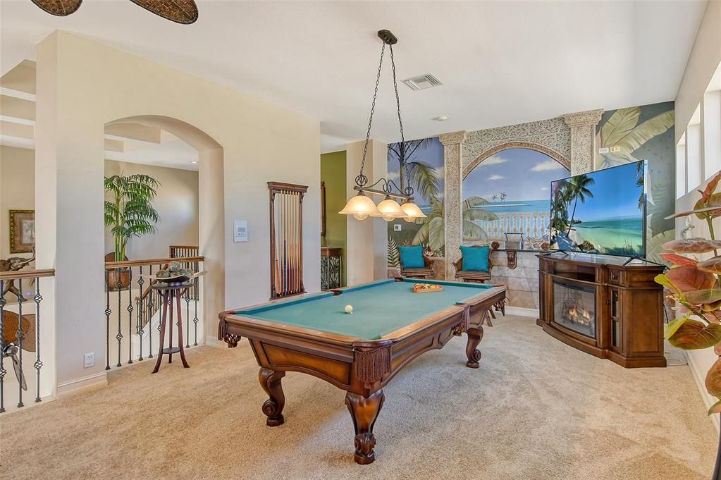 Billiard Table, Chandelier, Fireplace, Game Room, Interior, Pendant Lights, Water