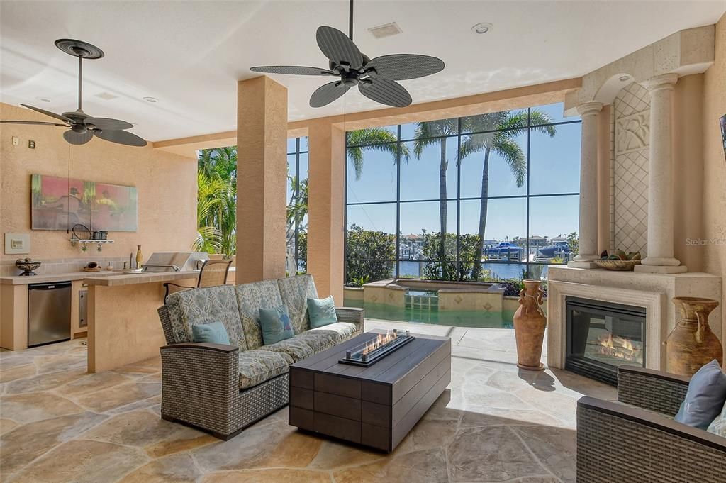 Fireplace, Interior, Living room, Pool, Recessed Lighting, Water