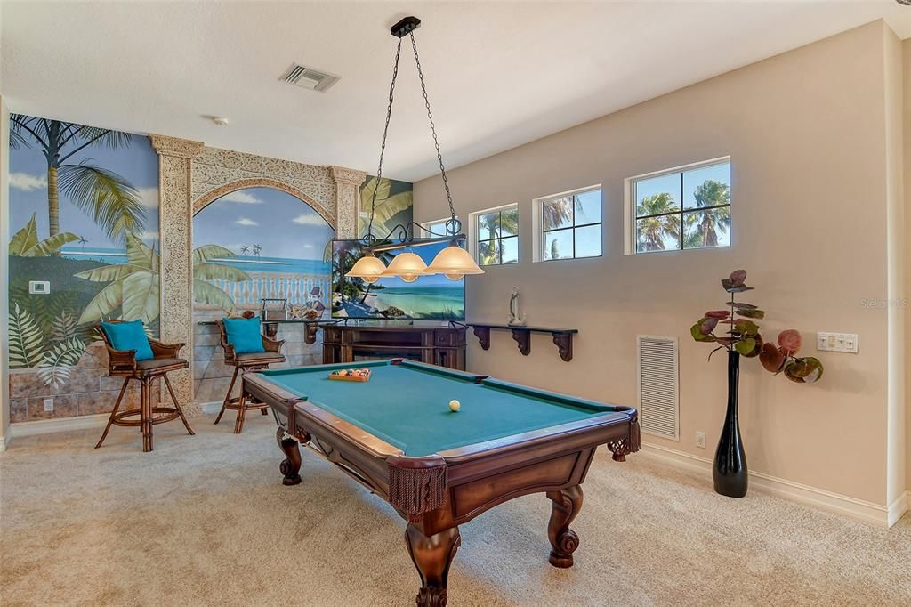 Billiard Table, Chandelier, Game Room, Interior, Pendant Lights