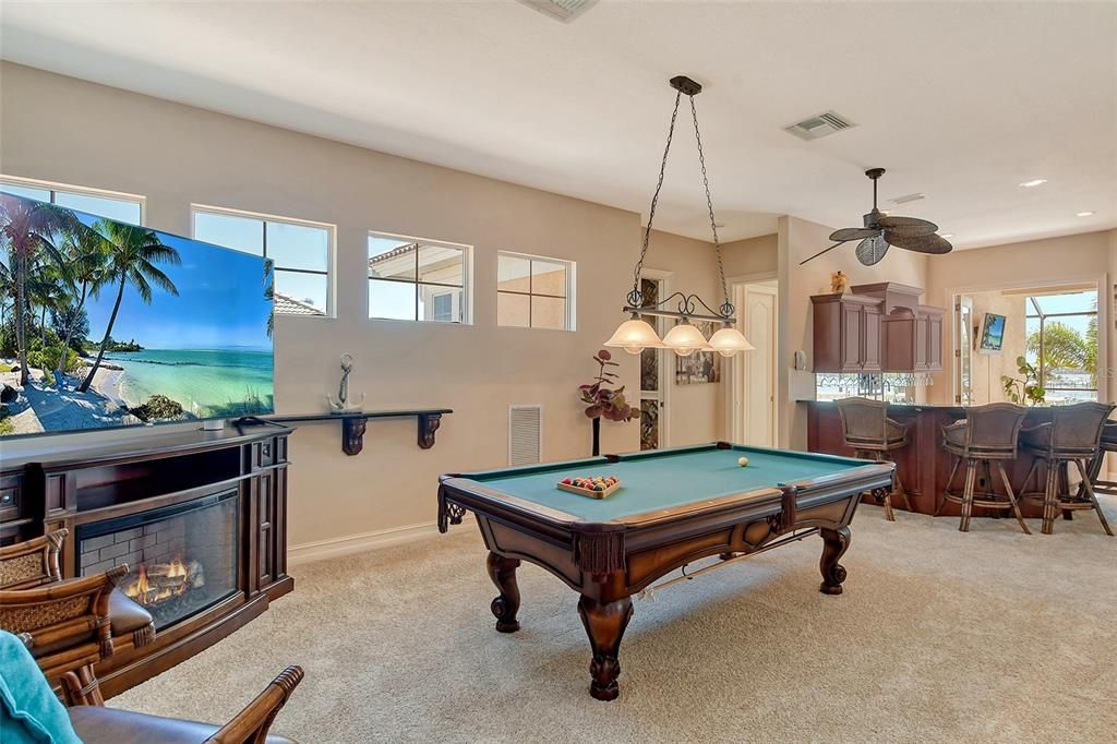 Billiard Table, Chandelier, Fireplace, Game Room, Interior, Pendant Lights, Recessed Lighting