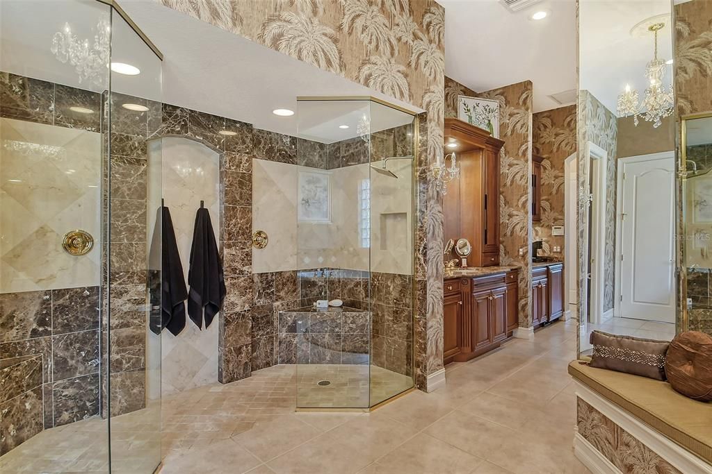 Bathroom, Chandelier, Glass Shower, Interior, Recessed Lighting
