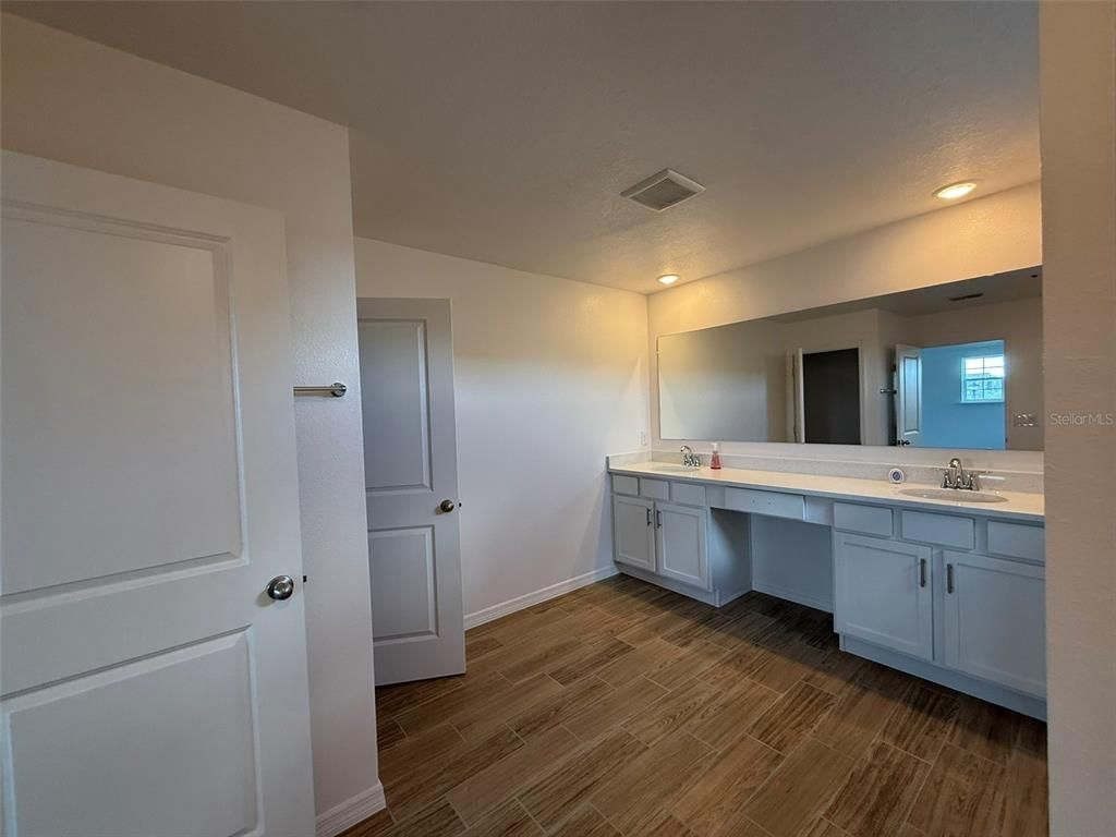 Bathroom, Dual Sink Vanities, Interior, Recessed Lighting, Wood Texture Flooring