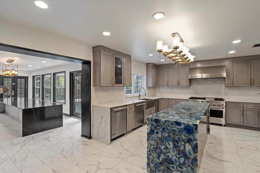 Chandelier, Interior, Kitchen, Marble, Recessed Lighting, Stainless Steel Appliances