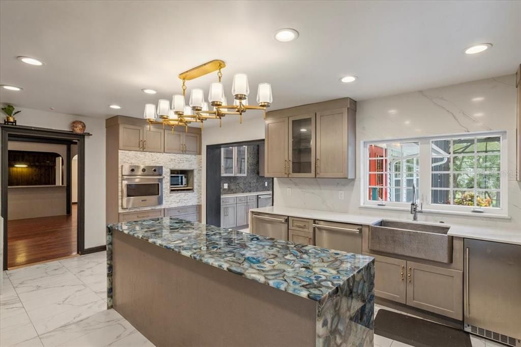 Interior, Kitchen, Marble, Recessed Lighting, Stainless Steel Appliances, Wood Texture Flooring