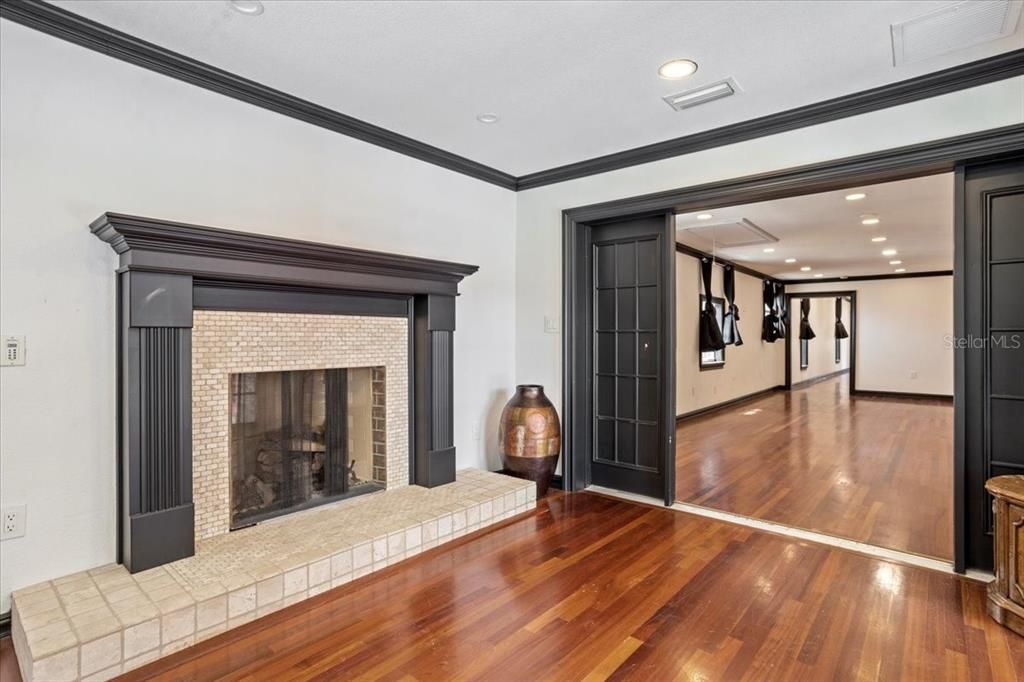 Fireplace, Interior, Recessed Lighting, Wood Texture Flooring